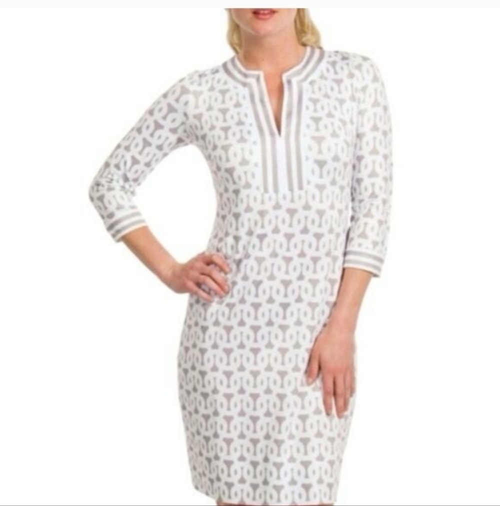 Gretchen Scott Split Neck, Jersey Dress Loop De Lu Neutral Beige Grey Large NWOT